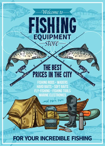 Vector fisherman sport fishing equipement poster — Stock vektor