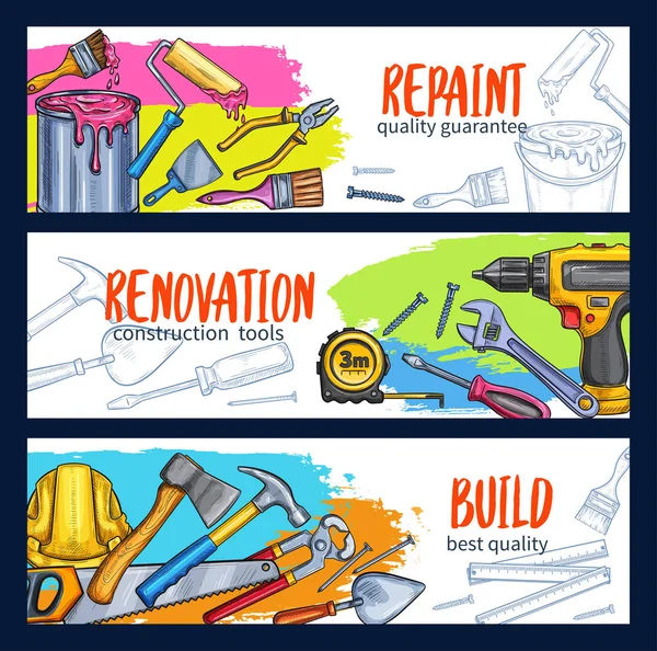 Vektor Arbeitswerkzeuge zu Hause Reparatur Skizze Banner — Stockvektor
