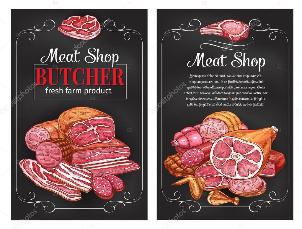 Vector sketch sausages and meat for butcher shop