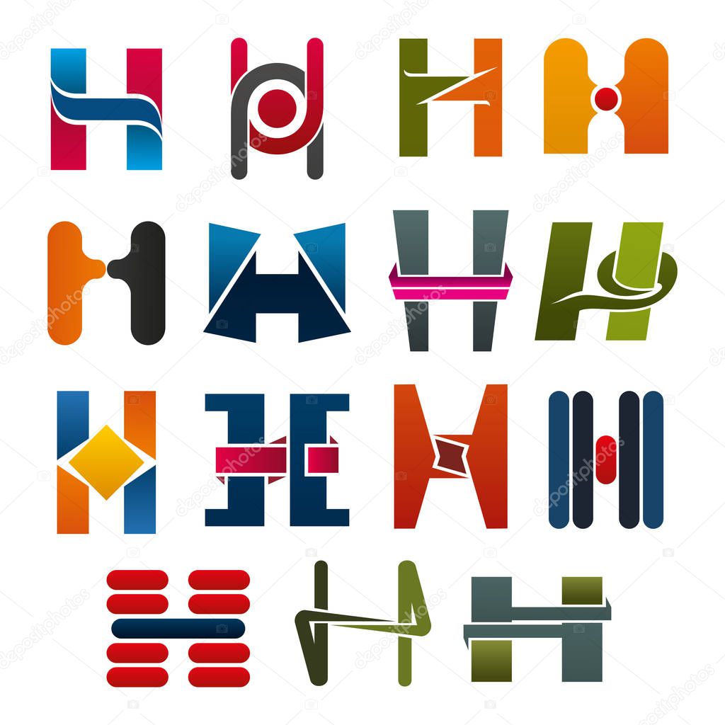 H letter icons template for corporate or business company and brand name emblem. Vector letter H set in different abstract geometric shapes and colors for creative or industrial trendy label design