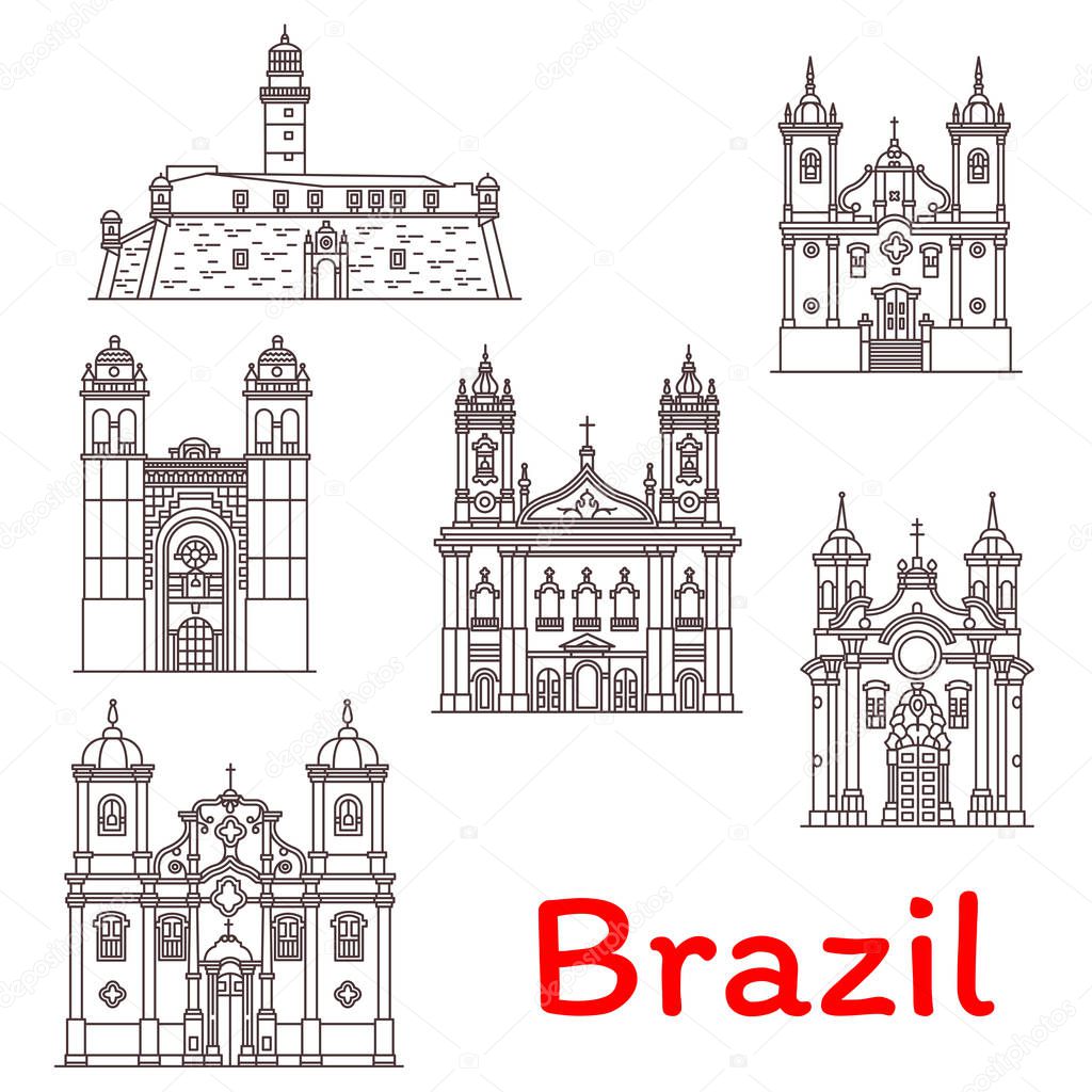 Brazil landmarks vector architecture line icons