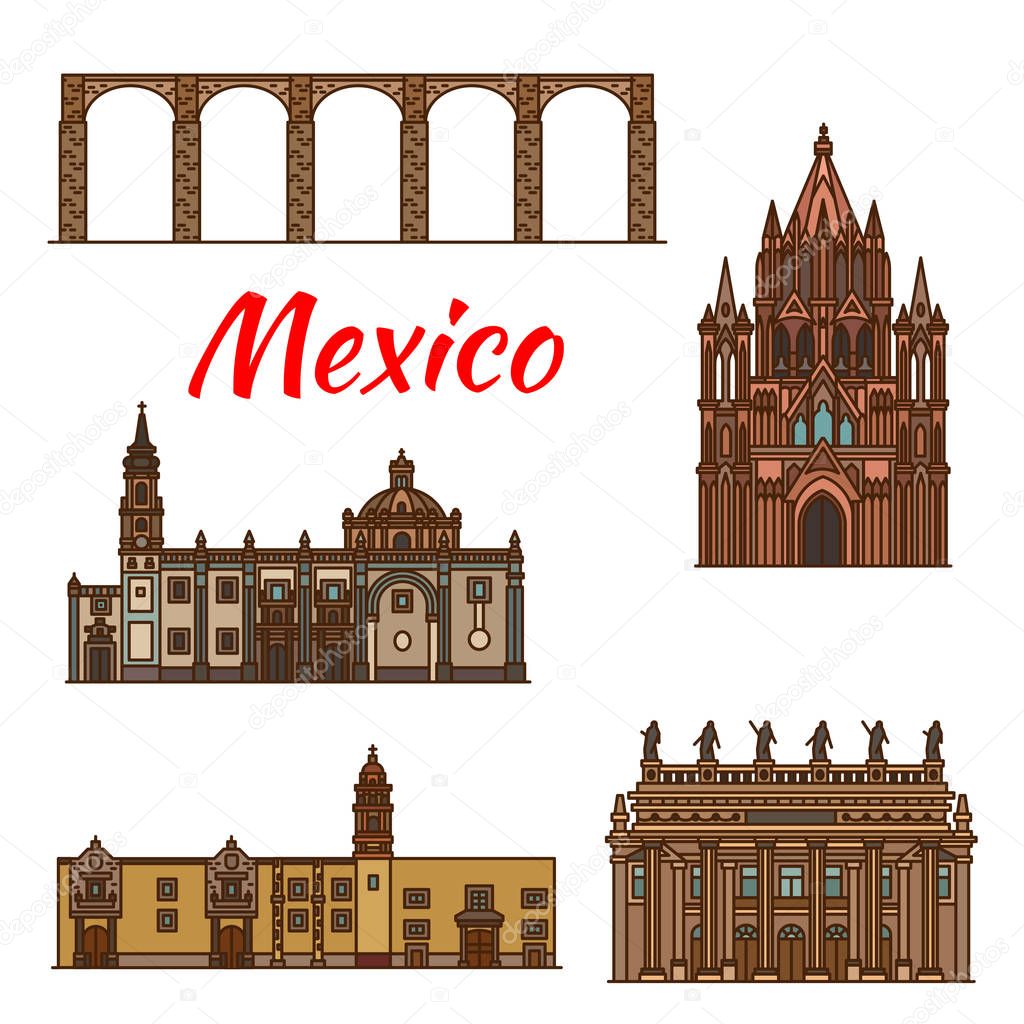 Mexico landmarks architecture vector line icons