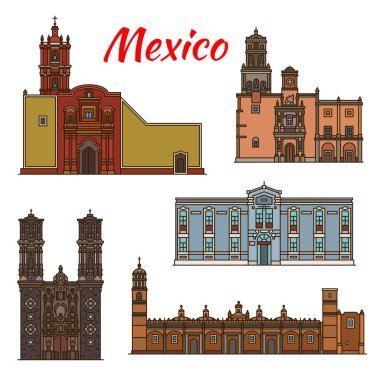Mexico landmarks vector architecture line icons clipart