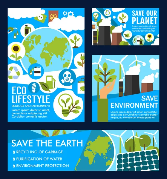 Carteles vectoriales para salvar el planeta de la ecología — Vector de stock