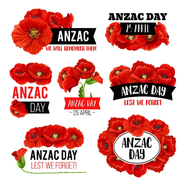 Anzac Day poppy flower memorial card design — Stock Vector