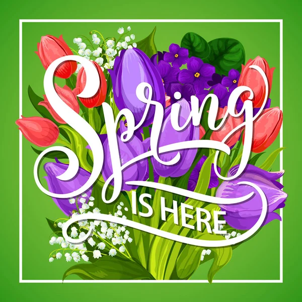 Primavera está aqui cartaz saudação com buquê de flores — Vetor de Stock
