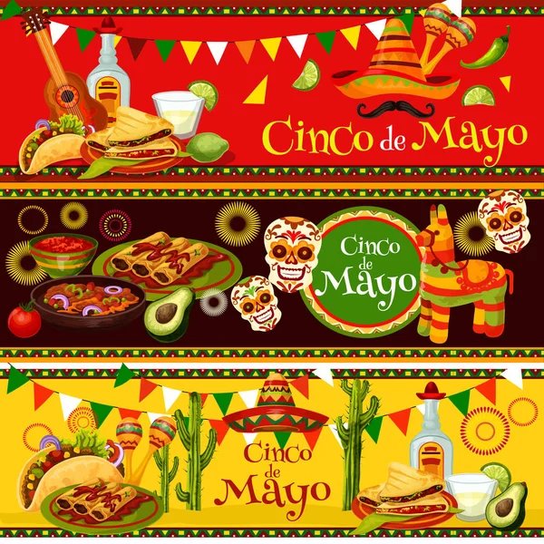 Mexicano Cinco de Mayo vector fiesta alimentos banners — Vector de stock
