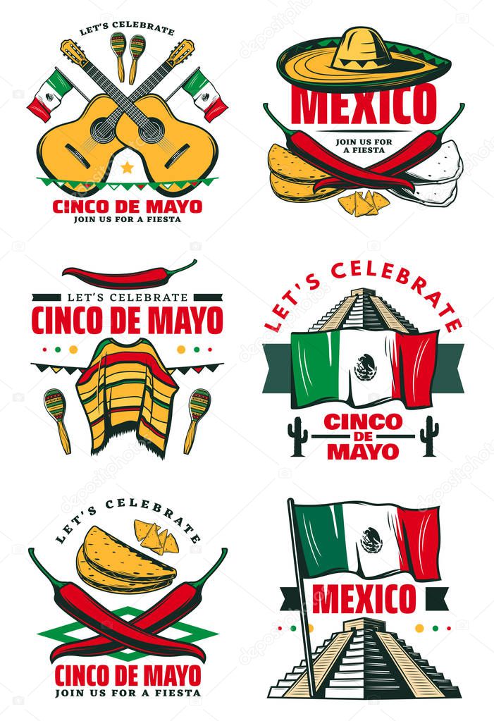 Cinco de Mayo sketch icons for Mexican holiday greeting card design. Vector isolated set of jalapeno pepper, sombrero and guitar or maracas, Mexico flag and poncho for Cinco de Mayo celebration