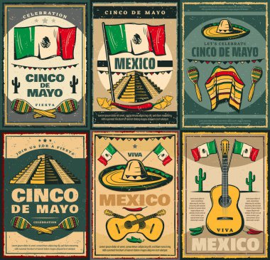 Cinco de Mayo ve Viva Meksika retro poster tasarımı