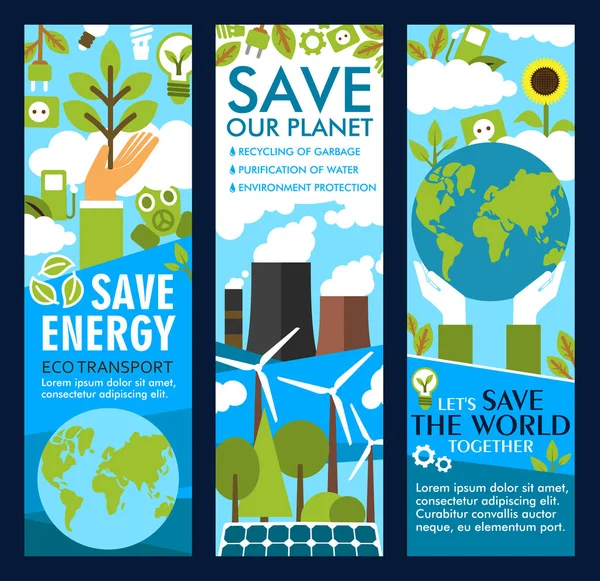 Vector ahorrar energía o eco planeta estilo de vida banners — Vector de stock