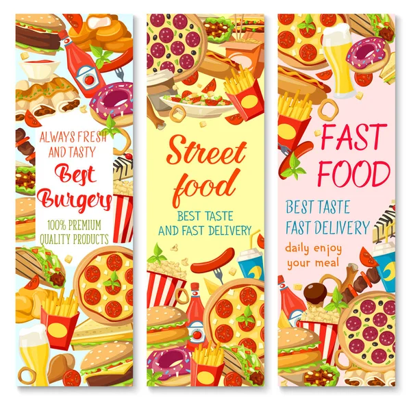 Banner de menú de restaurante de comida rápida con merienda — Vector de stock