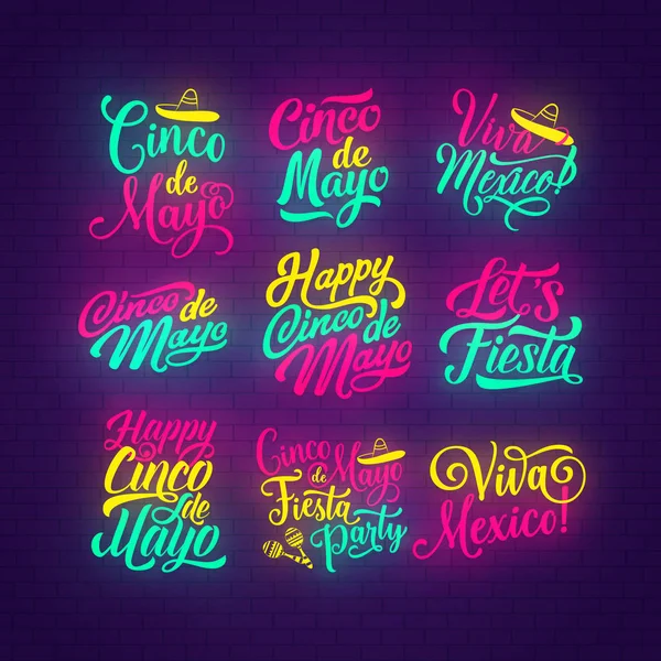 Cinco de Mayo neon lettering de feriado mexicano —  Vetores de Stock