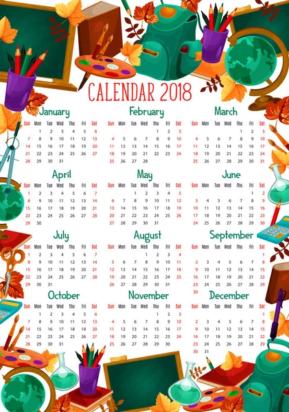 Zpátky do školy vektor vzdělání kalendáře 2018 — Stockový vektor