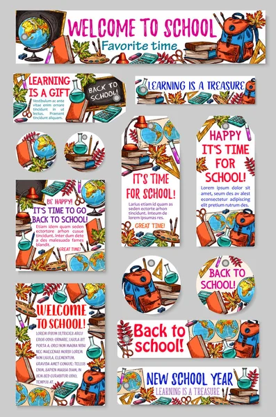 Back to School vector sketch stationery banners — Stock Vector