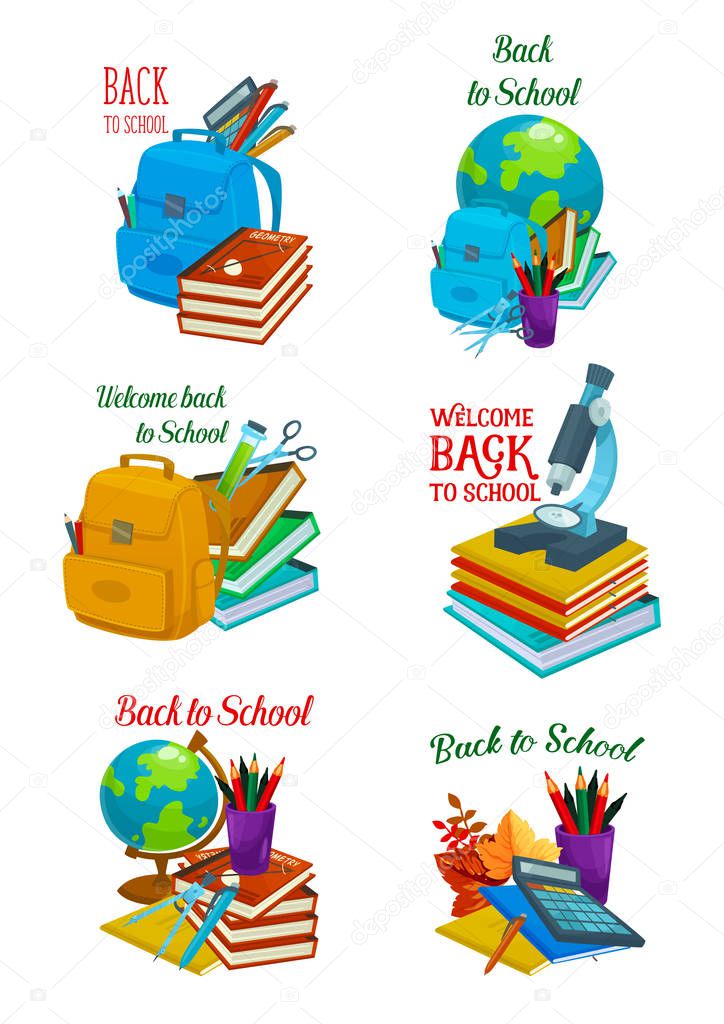 School supplies and student items icon. Pencil, book, globe and backpack, calculator, microscope and scissors isolated symbol, decorated with autumn leaves for welcome back to school emblem design