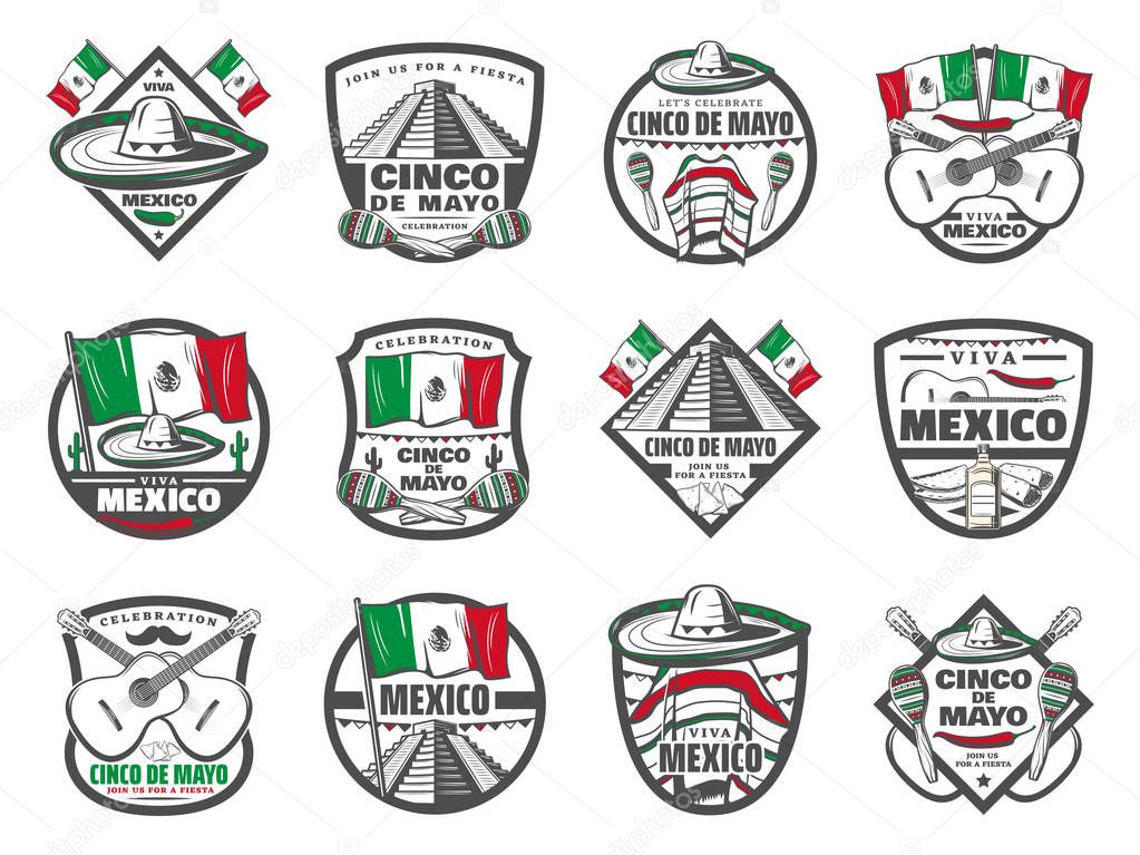 Cinco de Mayo icons for Mexican holiday celebration and greeting card design. Vector sketch set of Mexico flag, sombrero or poncho and maracas, Cinco De Mayo jalapeno pepper, guitar and flag