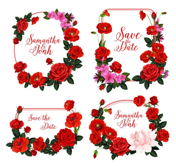 Esküvői meghívó tervező kerettel piros virág — Stock Vector