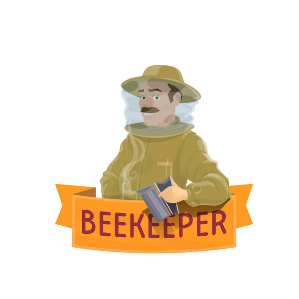 Apicultor en el icono del sombrero para el diseño de la granja de apicultura — Vector de stock