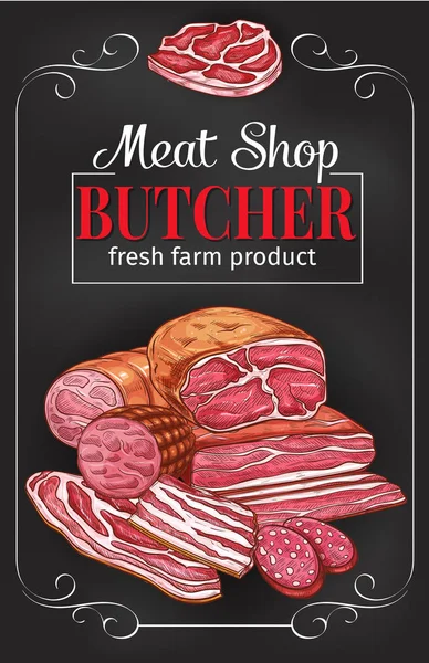 Butcher shop Μαυροπίνακας με βάση το κρέας και το λουκάνικο — Διανυσματικό Αρχείο