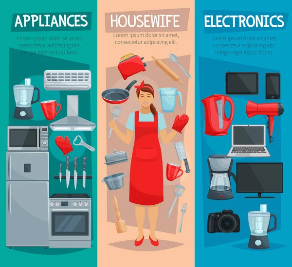 Ama de casa, electrodomésticos y pancarta de utensilios de cocina — Vector de stock
