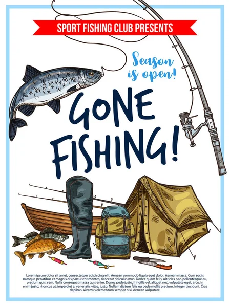Cartaz de pesca com equipamento de peixe e pescador — Vetor de Stock