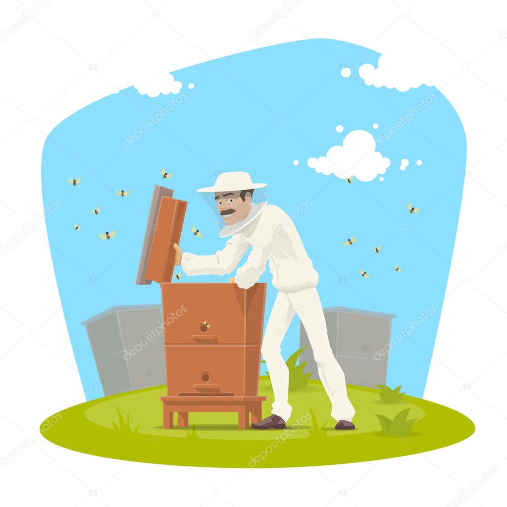 Beekeeper with beehive and bee honey icon