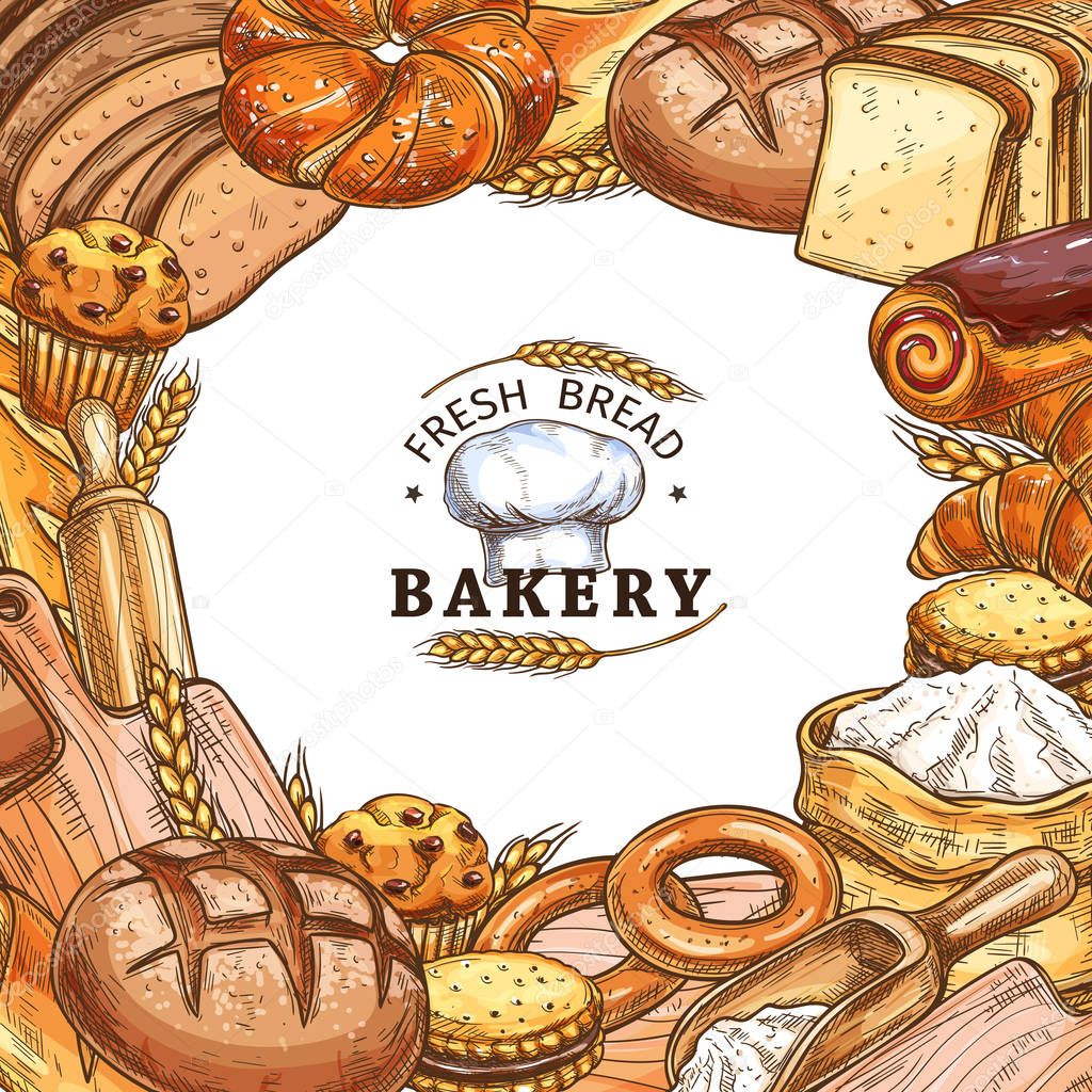 Bakery shop poster with bread, sweet pastry sketch