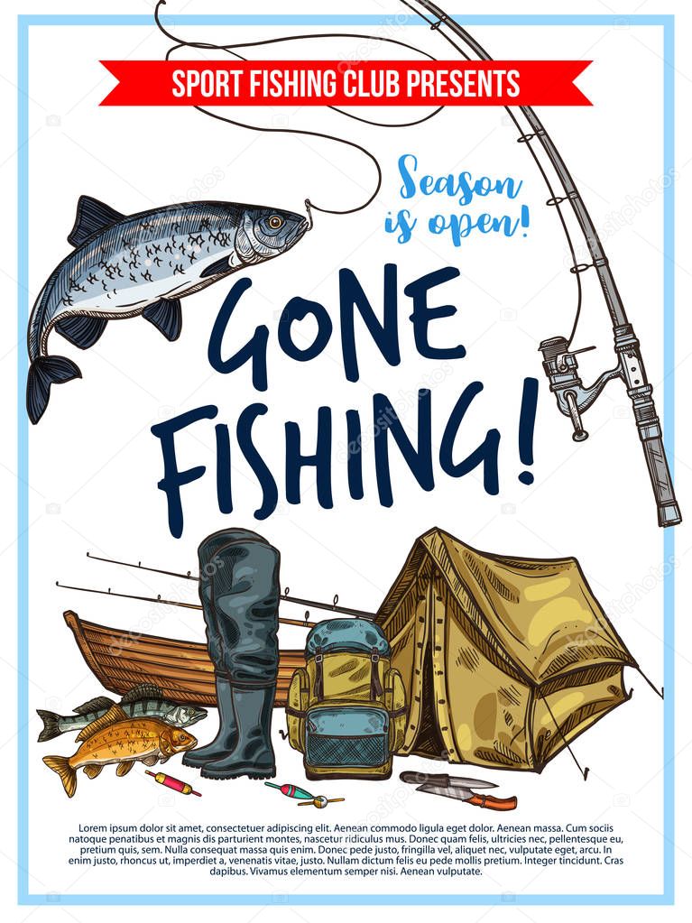 Fishing poster with fish and fisherman equipment
