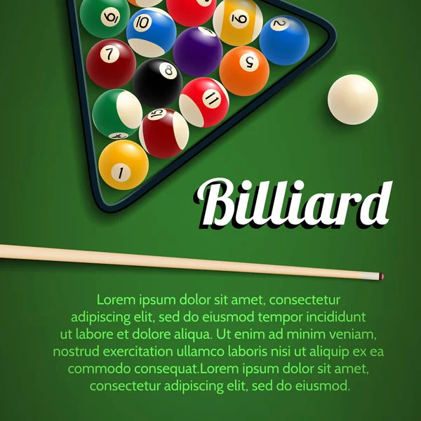 Billiards 3d poster with green table, ball and cue — Stock Vector