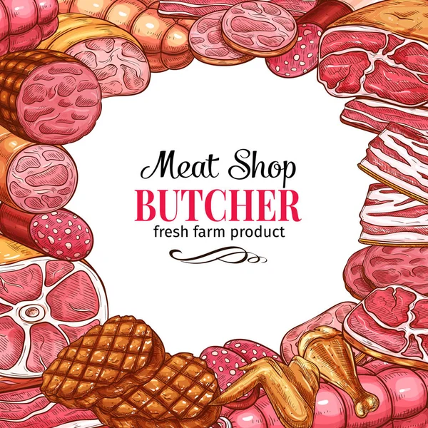 Affiche de boucherie avec cadre de viande et saucisse — Image vectorielle