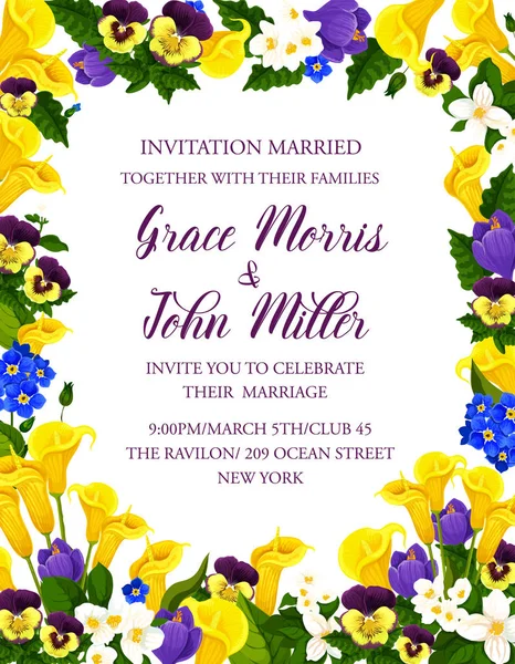Προσκλητήριο γάμου με μπουκέτο λουλουδιών — Διανυσματικό Αρχείο