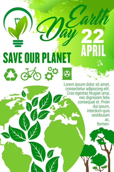 Cartel del Día de la Tierra y Save Planet para concepto ecológico — Vector de stock