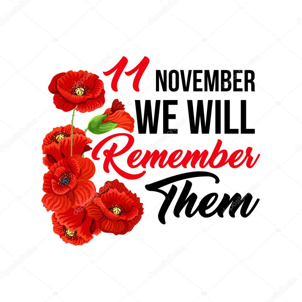 11 November poppy remembrance day vector icons