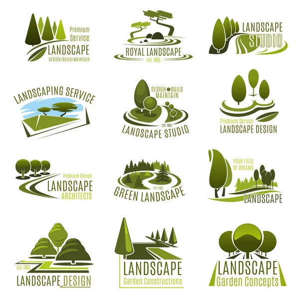 Landscape design company icon with green tree — Stock Vector