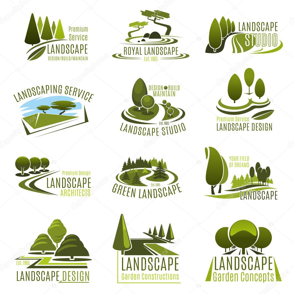 Landscape design studio icon set. Landscaping and gardening service company emblem with summer park green tree, eco park decorative plant, garden lawn and alley for landscape architecture design