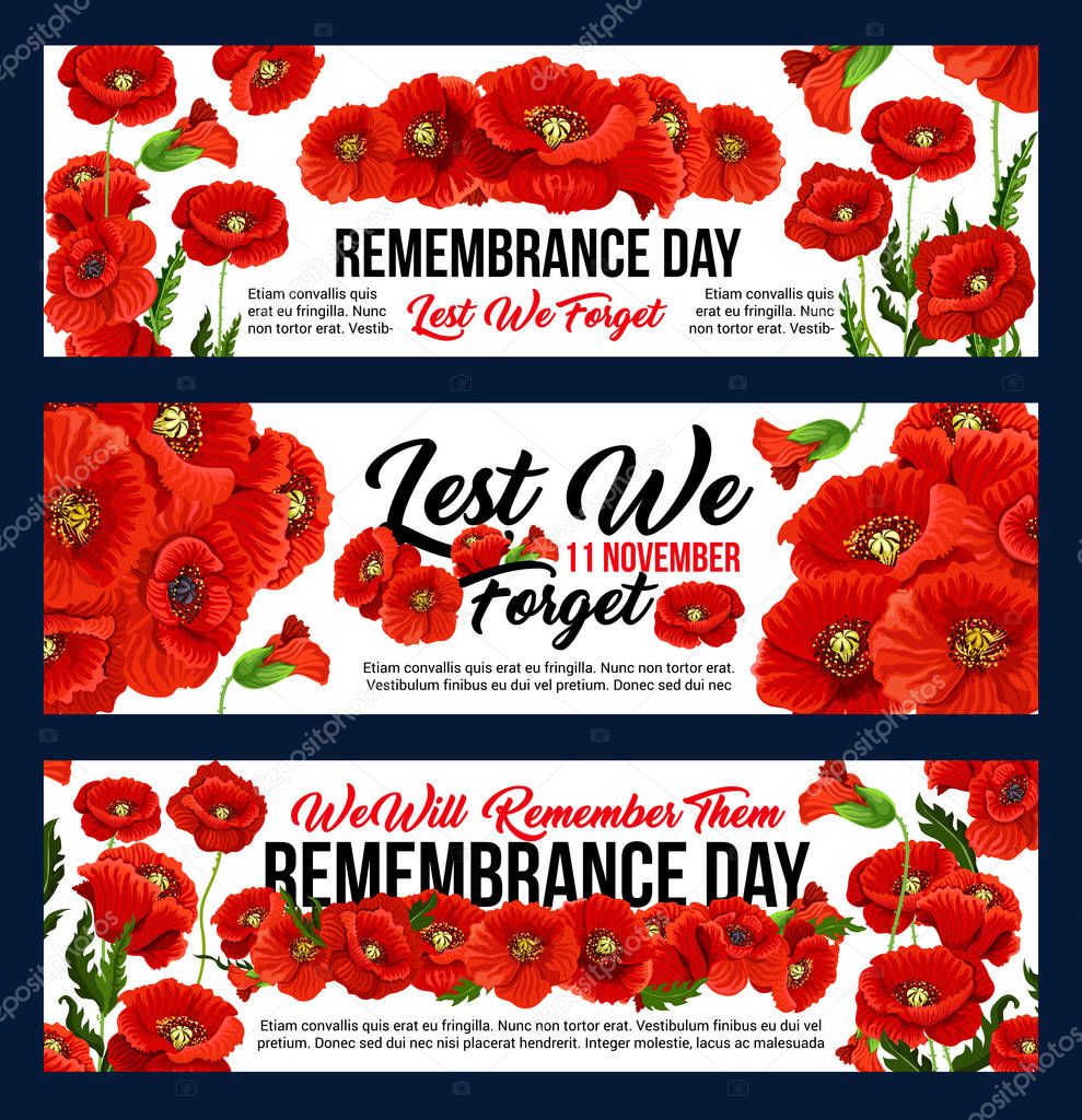 Remembrance day 11 November vector poppy banners