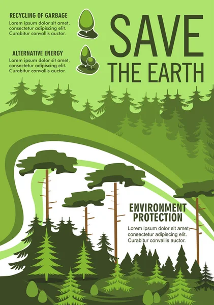 Opslaan van aarde poster met groene natuur ecologie boom — Stockvector