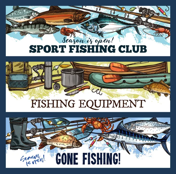 Vector fisherman sport fishing club skiss banners — Stock vektor