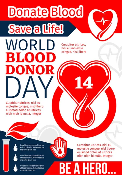 Faire un don de sang, sauver la vie bannière de la Journée mondiale des donateurs — Image vectorielle