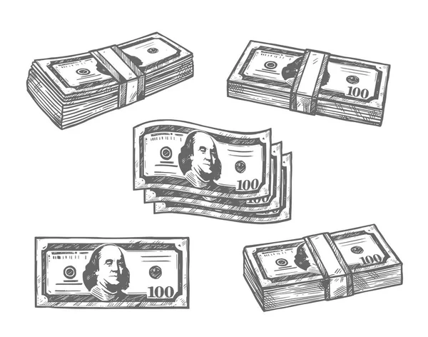 100-Dollar-Banknoten bündeln Vektorskizzen-Symbole — Stockvektor