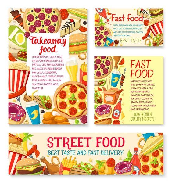 Vector fastfood comida callejera comidas o snaks carteles — Vector de stock