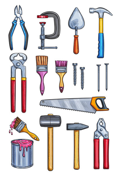 Vector work tools home repair color sketch icons