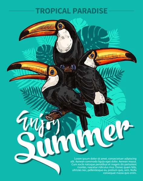 Vetor esboço cartaz de palma tropical e pássaro — Vetor de Stock