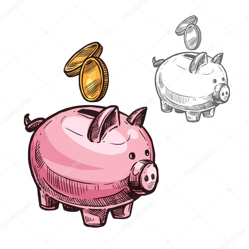 Vector sketch piggy bank and golden coins icon