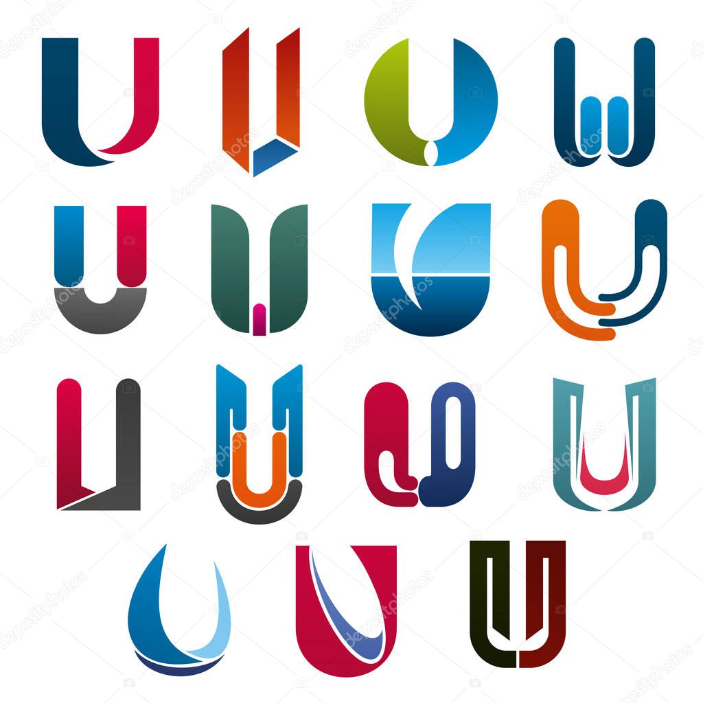 U letter icons templates for technology, industrial, medical or construction and engineering or transportation company. Vector letter U set abstract geometric design and colors for business identity