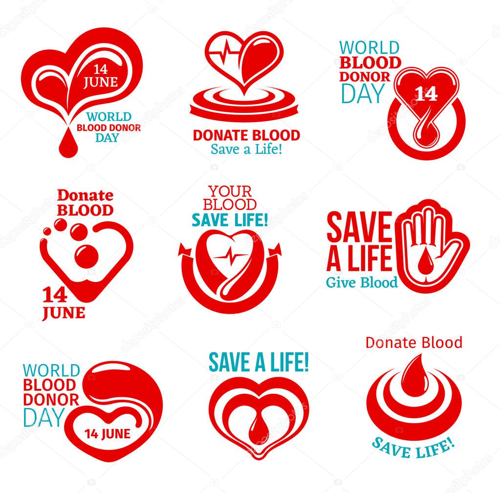 World Blood Donor Day icon set for health charity themes design. Heart and helping hand medical symbol with red drop of donation blood, ribbon banner and heartbeat line for volunteer donor center