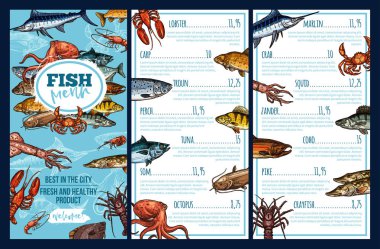 Seafood restaurant menu template with fish sketch clipart