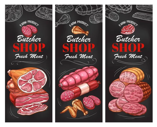 Carne de talho produto e banner de salsicha — Vetor de Stock