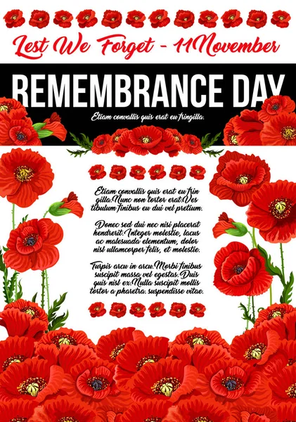 Poppy remembrance day 11 November vector poster — Stock Vector