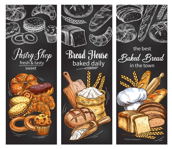 Banner de padaria e pastelaria com pão e pão —  Vetores de Stock